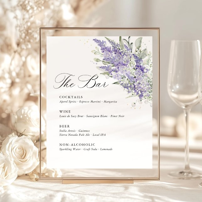 Lavender & Sage Green Floral Wedding Bar Menu Sockelschild (Lavender sage green floral wedding bar menu sign, romantic watercolor garden wedding reception)