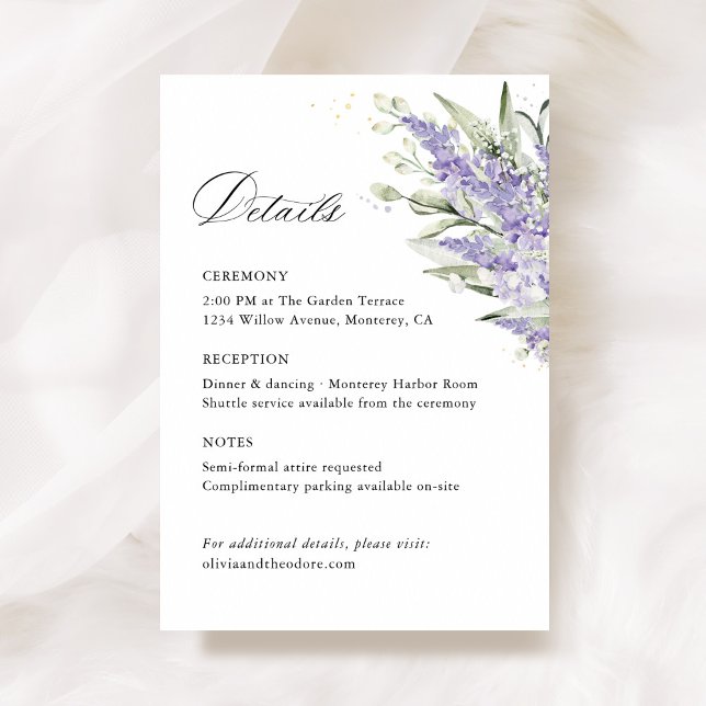 Lavender Sage Green Floral Wedding Details Begleitkarte (Lavender & sage green floral wedding details card with watercolor flower, elegant wedding stationery)