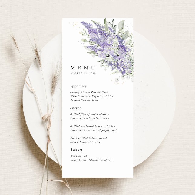 Lavender & Sage Green Floral Wedding Dinner Menükarte (Lavender sage green floral wedding menu card, elegant reception menu with watercolor flowers)