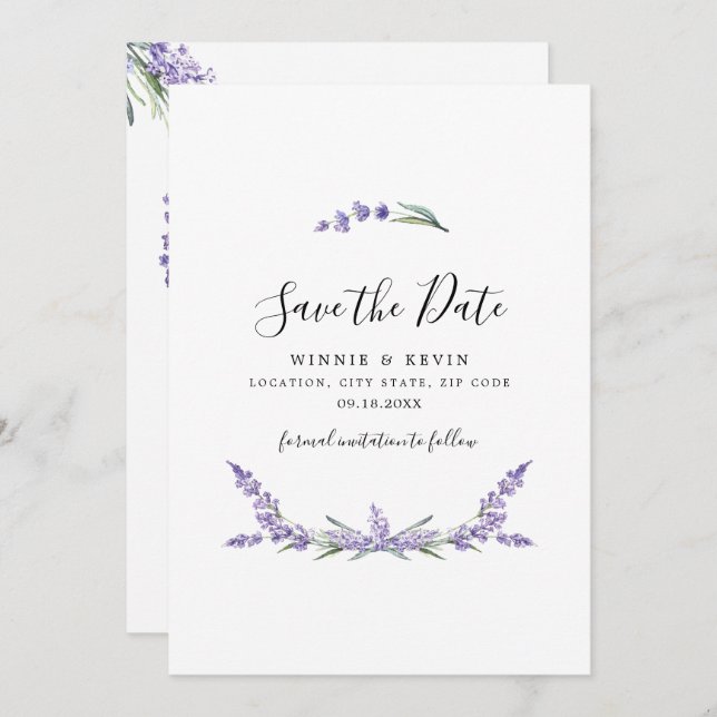 Lavender Save the Date Einladung (Vorne/Hinten)
