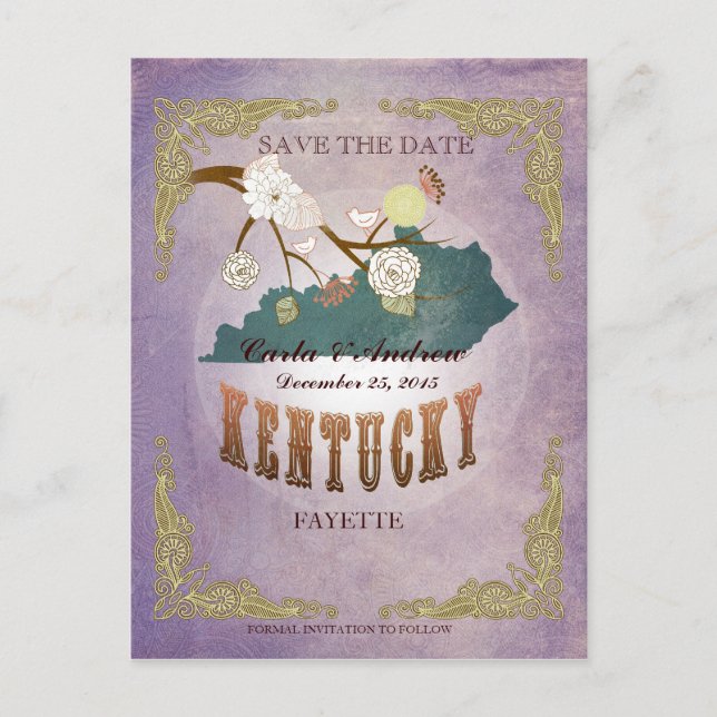 Lavender Save the Date - KY Karte mit hübschen Vög (Vorderseite)