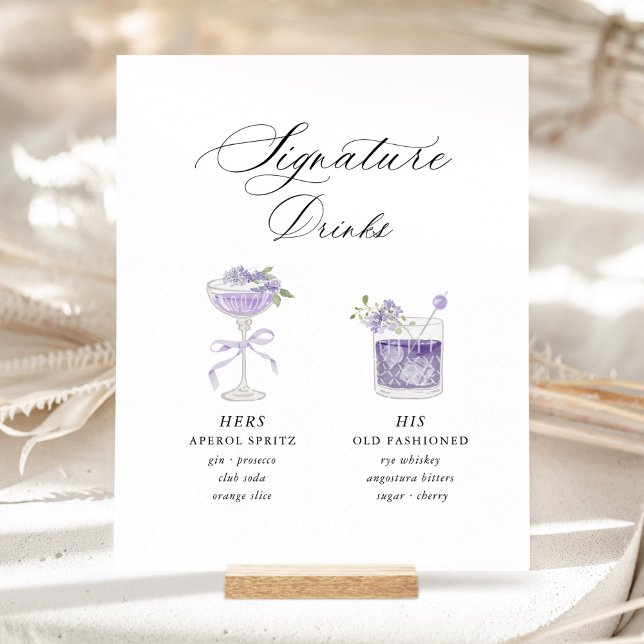 Lavender Signature Drinks Wedding Sockelschild (Lavender signature drinks wedding bar sign with watercolor cocktails, romantic hers & his drink menu)