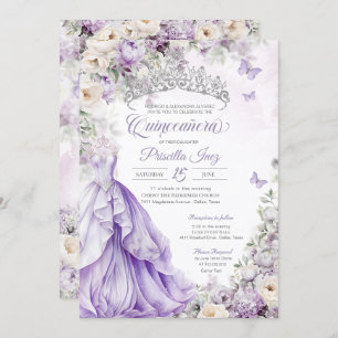 Lavender Silver Butterfly Princess Quinceañera Einladung