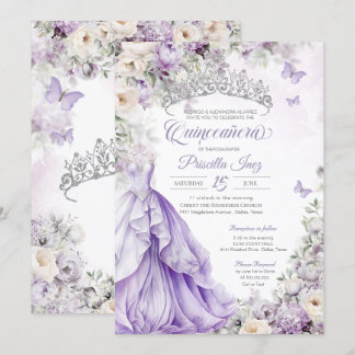 Lavender Silver Butterfly Princess Quinceañera Einladung