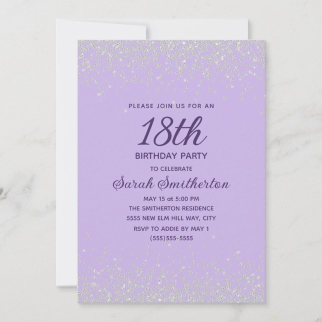 Lavender Silver Diamond Glitzer 18. Geburtstag Einladung (Vorderseite)