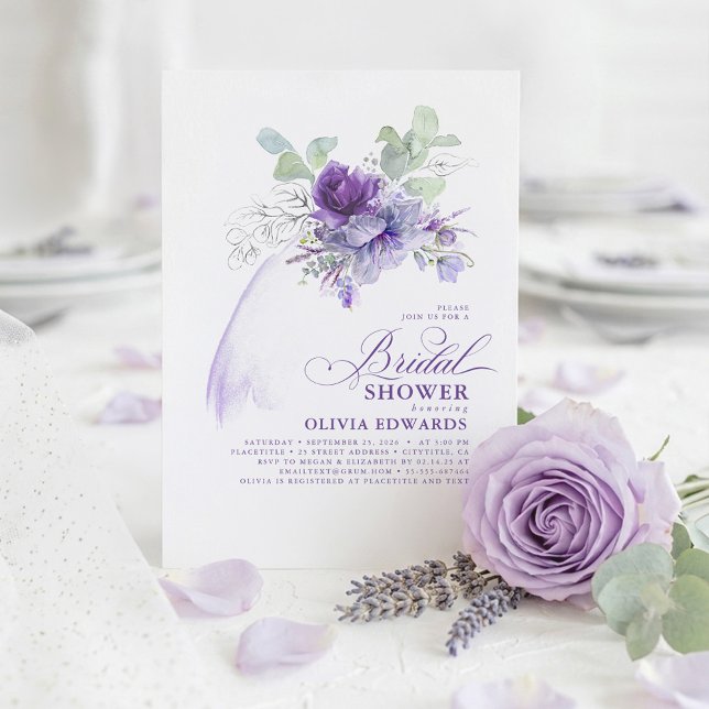 Lavender Silver Elegant Modernes Boho Brautparty Einladung (Purple Watercolor Flowers and Gold Greenery Leaves Romantic Botanical Chic Bridal Shower Invitations)