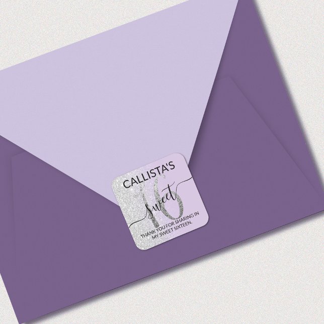 Lavender Silver Glitzer Ombre Sweet 16 Gefallen Quadratischer Aufkleber (Von Creator hochgeladen)