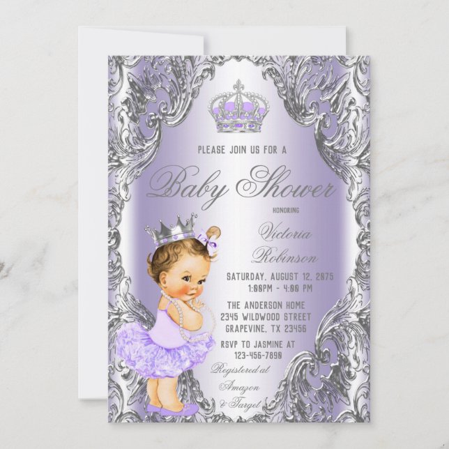 Lavender Silver Princess Kinderdusche Einladung (Vorderseite)