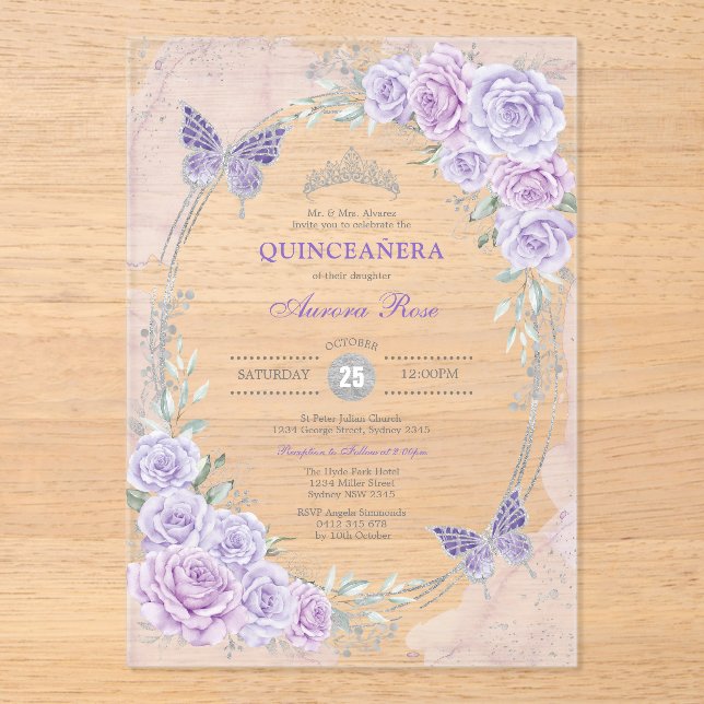 Lavender Silver Quinceanera Mis Quince 15 Anos Acryleinladungen (Vorderseite)