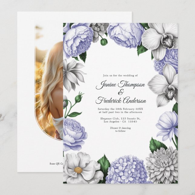 Lavender & Silver Watercolor Floral Wedding Einladung (Vorne/Hinten)