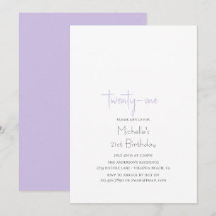 Lavender Simple Modern Minimalistisch 21. Geburtst Einladung