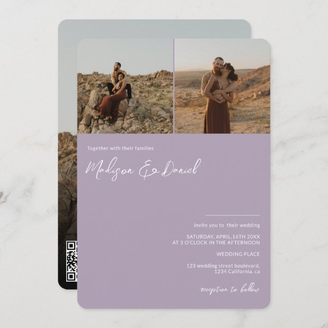 Lavender Skriptnamen 3 Fotos qr Code Hochzeit Einladung (Vorne/Hinten)