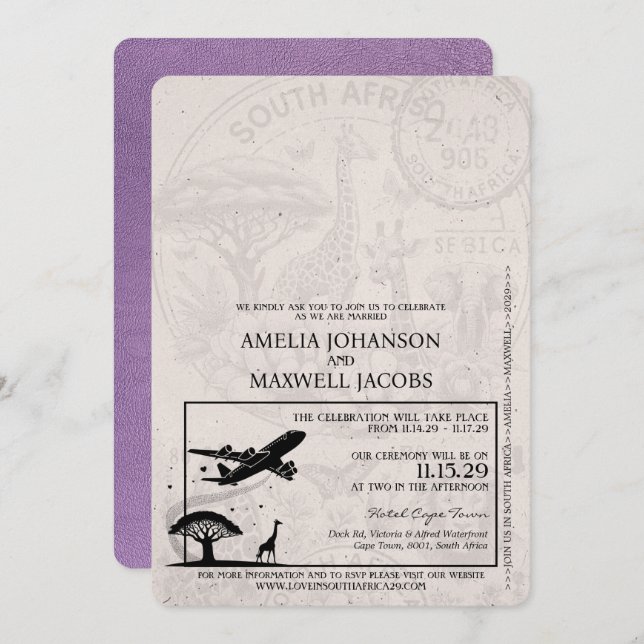 Lavender South Africa Passport Wedding Einladung (Vorne/Hinten)