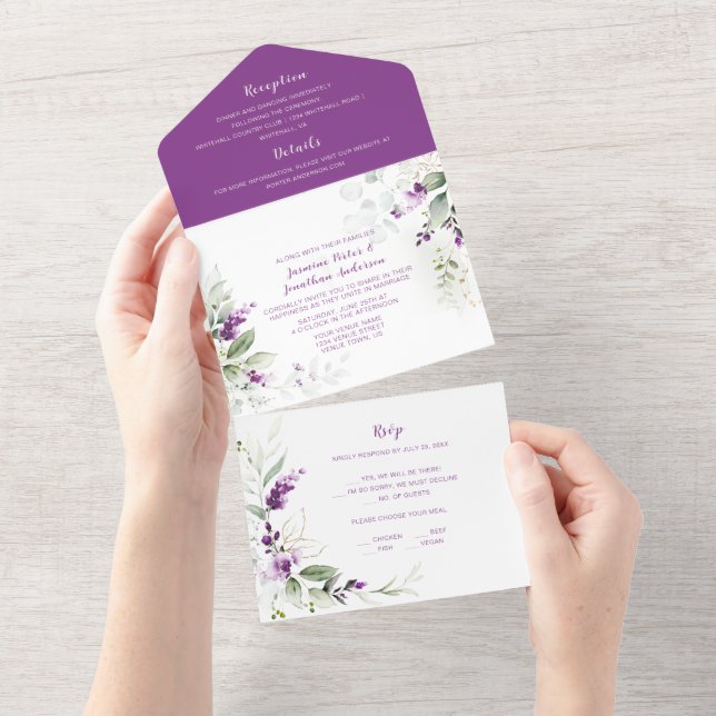 Lavender Sprigs & Greenerity Wedding All In One Einladung (Abreißen)