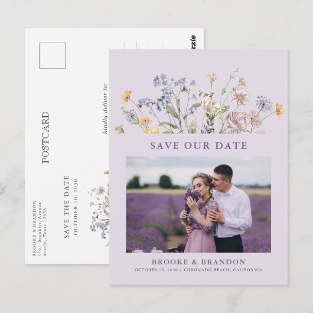 Lavender Spring Wildflower Meadow  Save the Date Postkarte (Vorne/Hinten)
