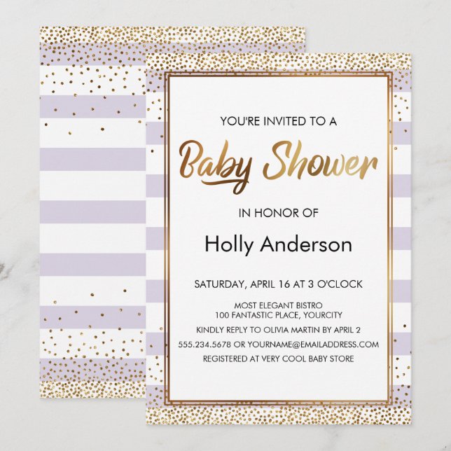 Lavender Stripes Gold Confetti Script Baby Dusche Einladung (Vorne/Hinten)