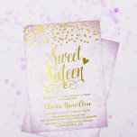 Lavender Sweet 16 Gold Confetti Folieneinladung<br><div class="desc">Machen Sie das 16 . Geburtstag Party Ihrer Tochter noch süßer mit unserer Lavendel Sweet 16 Gold Confetti Foil Einladung. Dieses schicke Design zeichnet sich durch eine obere Grenze von Konfetti-Punkten, die Worte "16 . Geburtstag", ein kleines Herz und Ihren personalisierten Text in gepresster Goldfolie auf einem texturierten Lavendelhintergrund. So...</div>