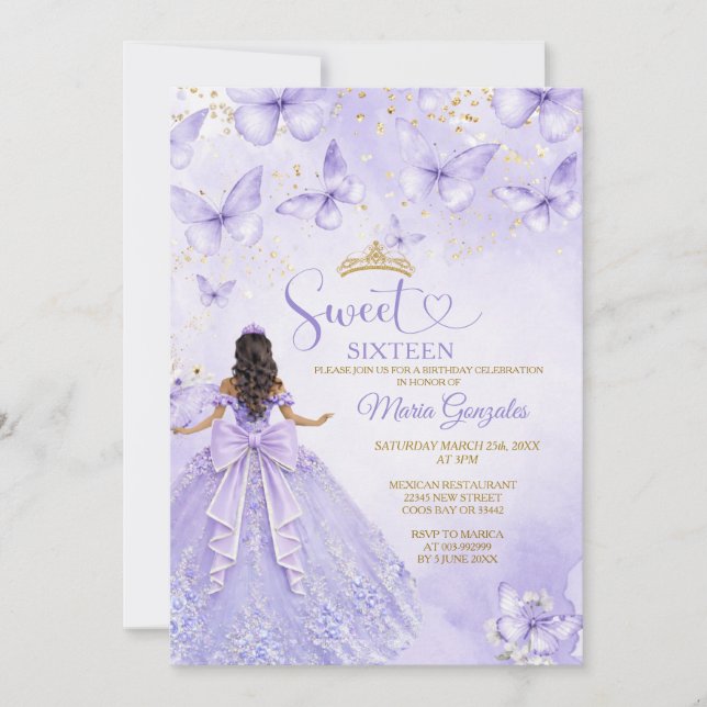 Lavender Sweet 16 Invitation with Butterflies Einladung (Vorderseite)