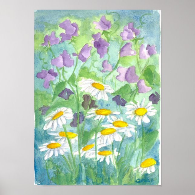 Lavender Sweet Pea Shasta Daisy Watercolor Poster (Vorne)