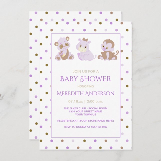 Lavender Tan Lila Polka Dots Baby Dusche Einladung (Vorne/Hinten)