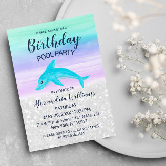 Lavender Teal White Glitter Dolphin Pool Birthday Einladung