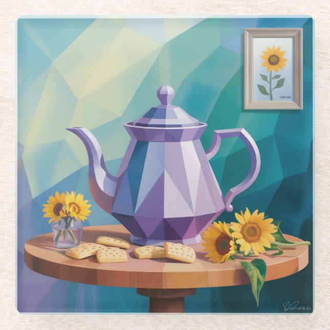 Lavender Teapot Kubist Art Glass Untersetzer (Vorderseite)
