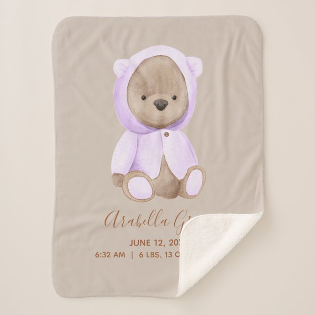 Lavender Teddy Bear Baby Birth Stats Sherpadecke (Vorderseite)