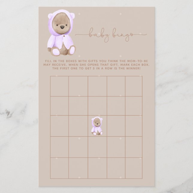 Lavender Teddy Bear Baby Dusche Bingo Game Flyer (Vorne)