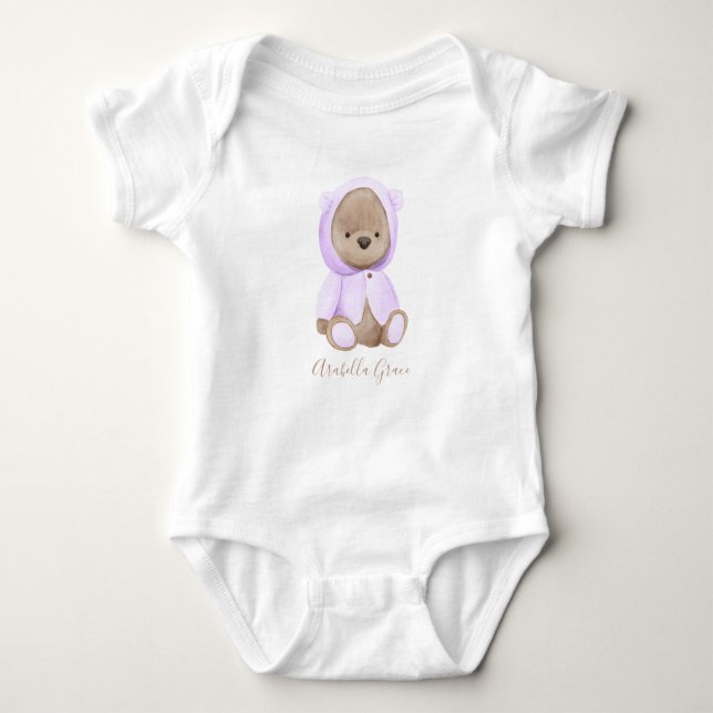 Lavender Teddy Bear Personalisiert Name Baby Baby  Baby Strampler (Vorderseite)
