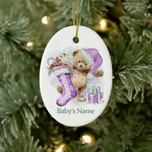 Lavender-Teddybär-Babys erstes Weihnachten Keramik Ornament
