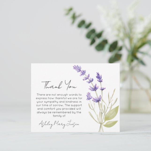 Lavender Trauer Danke Karte Beileid  (Stehend Vorderseite)