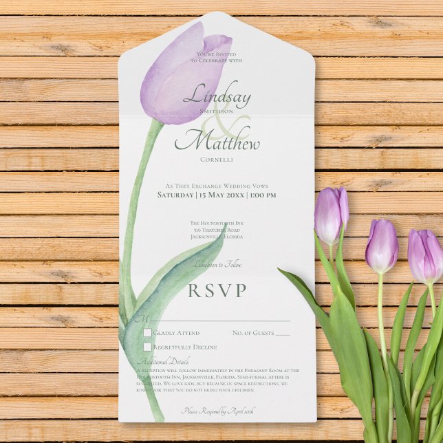 Lavender Tulip Solo Lila Kein Abendessen mit Detai All In One Einladung (Lavender Tulip Solo Purple No Dinner with Details All In One Invitation)