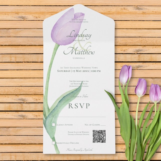 Lavender Tulip Solo Lila moderner QR-Code All In One Einladung (Lavender Tulip Solo Purple Modern QR Code All In One Invitation)