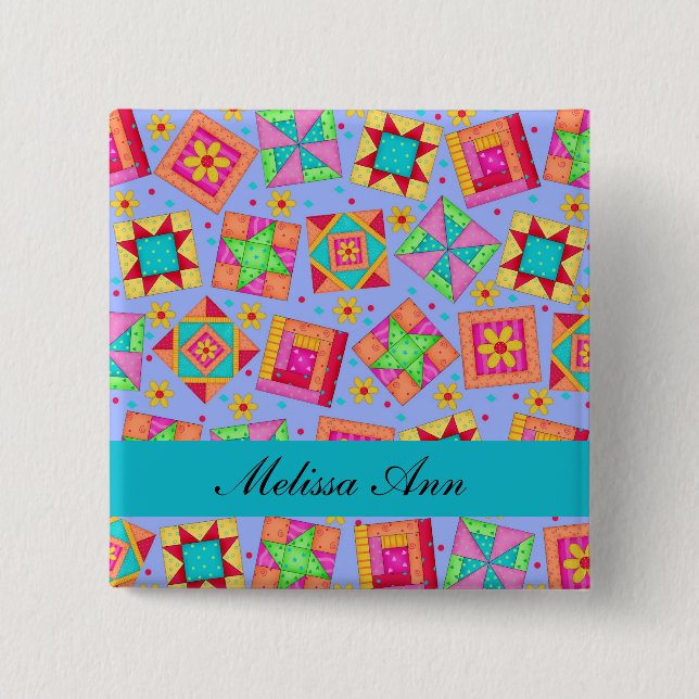 Lavender Turquoise Patchwork Quilt Name Abzeichen Button (Vorderseite)