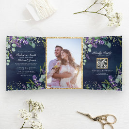 Lavender und Eucalyptus Navy Blue QR Code Wedding Dreifach Gefaltete Einladung
