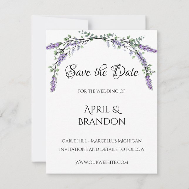Lavender und Eukalyptus Wedding Save The Date (Vorderseite)