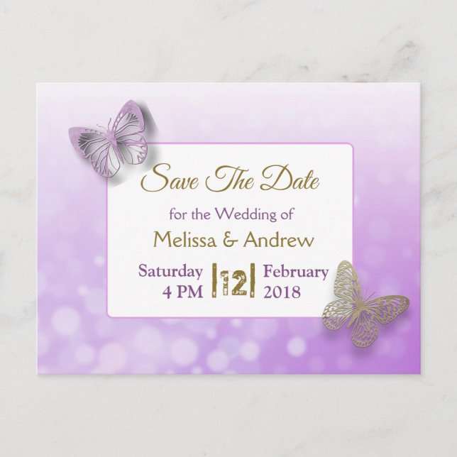 Lavender und Gold Butterfly Save the Dates Wedding Ankündigungspostkarte (Vorderseite)