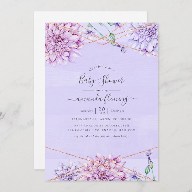 Lavender und Gold Floral Geometric Baby Dusche Einladung (Vorne/Hinten)