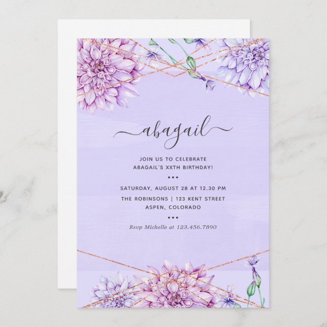 Lavender und Gold Floral Geometric Birthday Einladung (Vorne/Hinten)