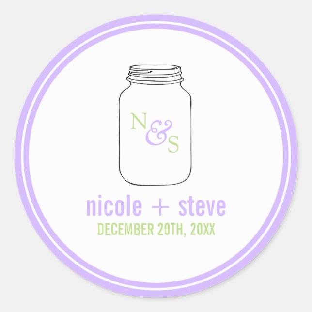 Lavender und Green Mason Jar Mit Monogramm Wedding Runder Aufkleber (Vorderseite)