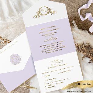 Lavender und Real Gold Foil Monogram Wedding All-in-One-Einladung
