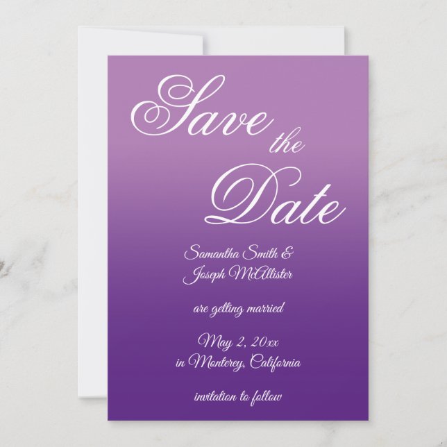 Lavender und Royal Lila Ombre Save The Date (Vorderseite)