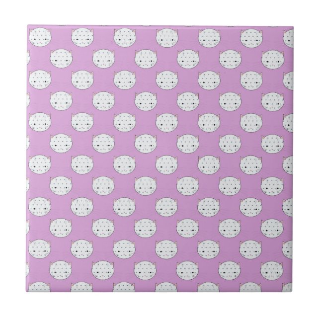 Lavender und White Kitty Faces Muster Polka Dots Fliese (Vorderseite)