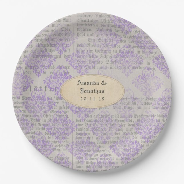 Lavender Vintag Newspaper Wedding Pappteller (Vorderseite)