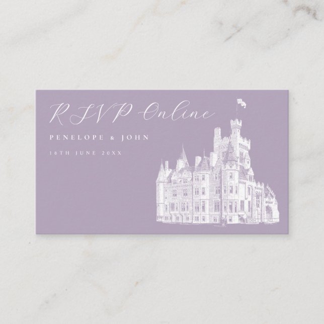 Lavender Vintage Castle RSVP Wedding Website Begleitkarte (Vorderseite)
