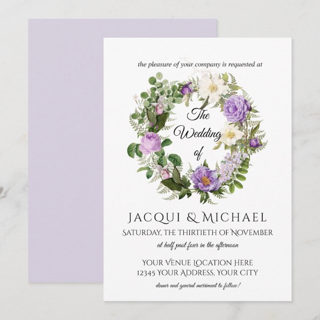Lavender Vintage Elfenbeinküste Rose w Fern-Wreath Einladung (Vorne/Hinten)