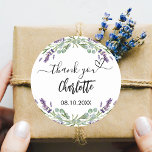 Lavender violet florals eucalyptus happy birthday runder aufkleber<br><div class="desc">A stylish white background decorated with lavender flowers and eucalyptus greenery.  With the text: Happy Birthday</div>