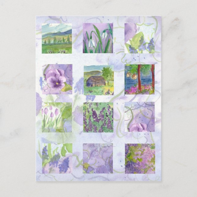 Lavender Wasserfarbenfeld Blume Wiese Tulip Postkarte (Vorderseite)