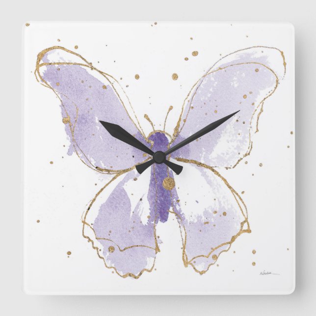 Lavender Watercolor Butterfly Quadratische Wanduhr (Vorderseite)