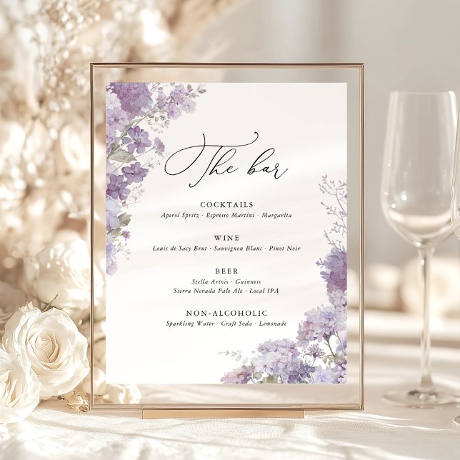 Lavender Watercolor Floral Wedding Bar Menu Sockelschild (Lavender floral wedding bar sign watercolor purple hydrangea cocktail drink menu wedding reception)